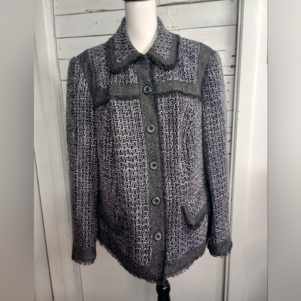Anthracite By Muse Tweed Frayed Hem Button Down Purple Gray Blazer Size 18W